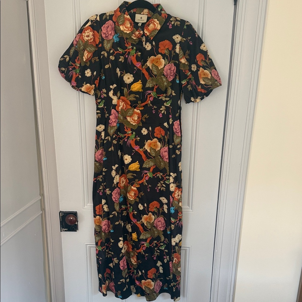 Tuckernuck Black Floral Midi Dress with Pink, Orange and Yellow Blooms